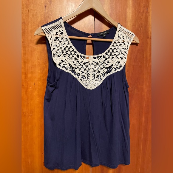 Navy Knit top with Cream Lace - Picture 1 of 5